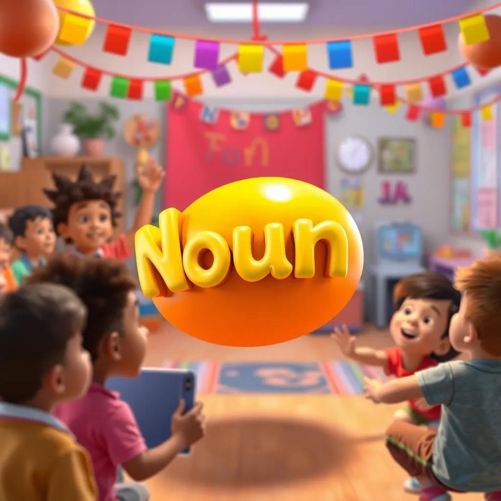 The noun sentence happily bouncing around among excited students, colorful decorations around, fun learning environment, engaging visuals