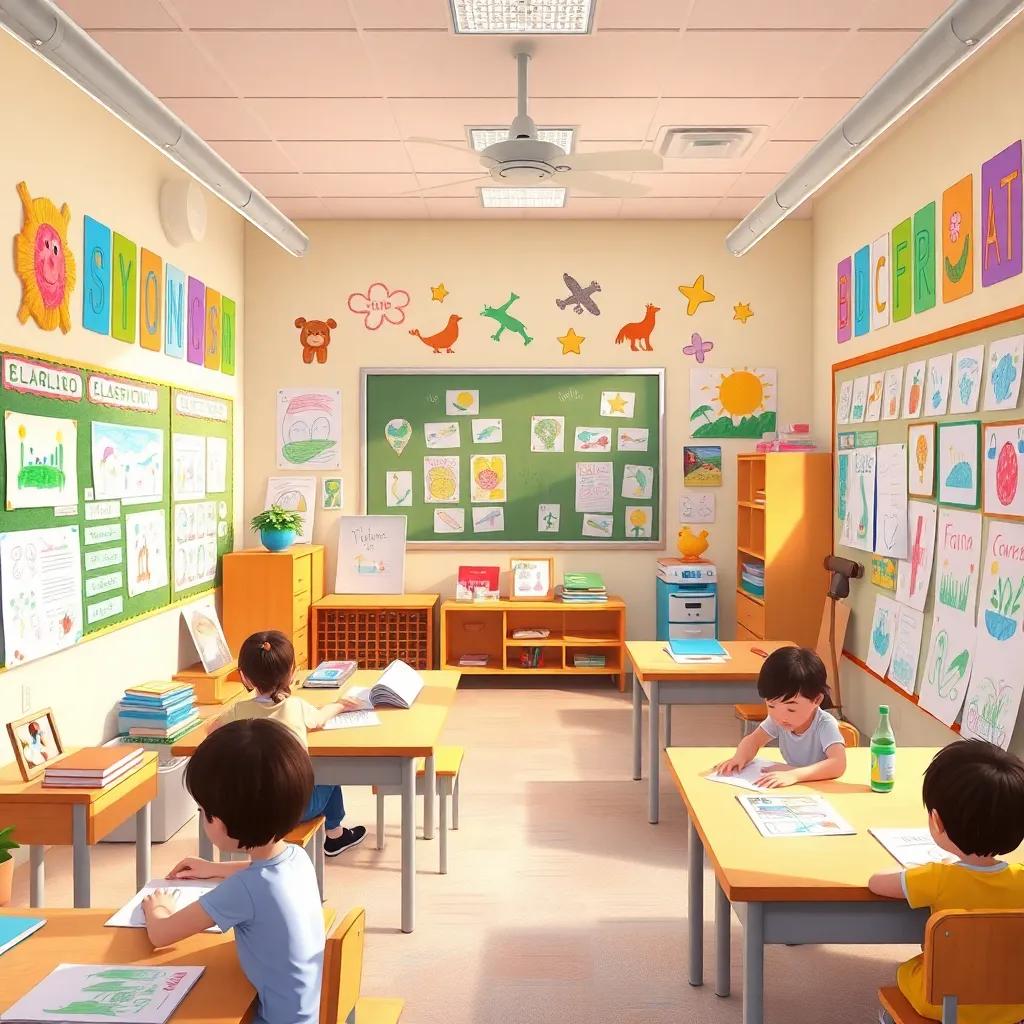 A classroom filled with colorful drawings and creative exhibits, showcasing children's work, capturing a lively learning experience, vibrant and encouraging