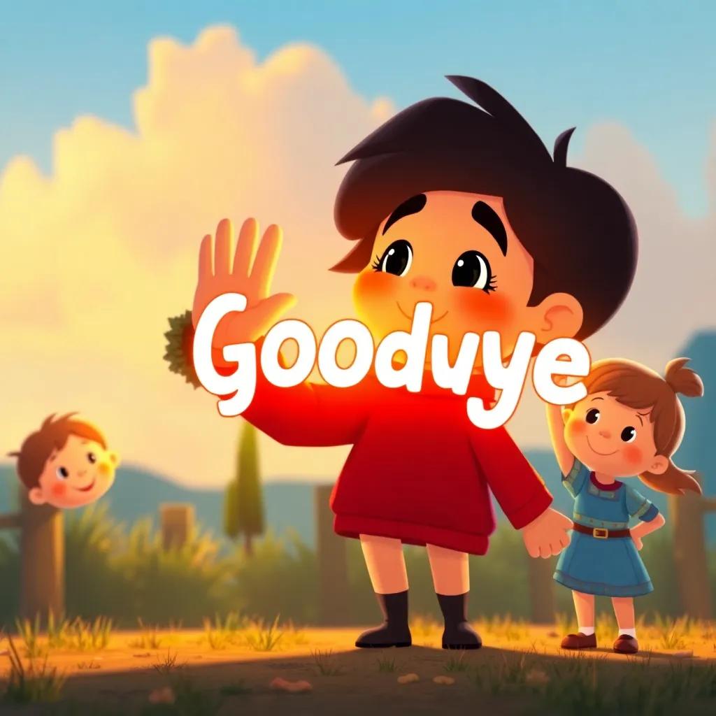 An image depicting a heartfelt goodbye scene, with the personified noun sentence waving goodbye to the happy children, warm colors, nostalgic feel