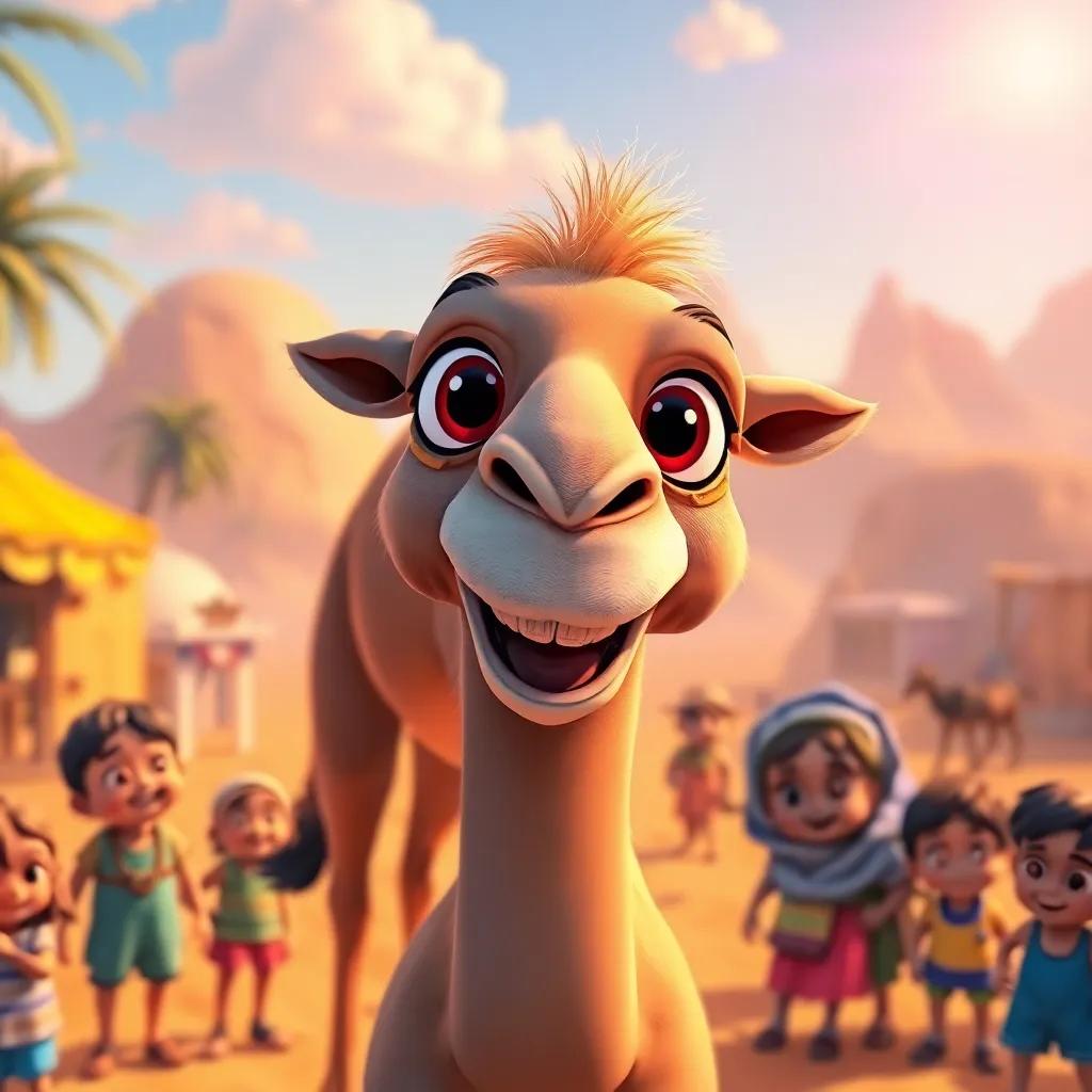 A joyful camel named Simsim, with large friendly eyes, standing in a sunny desert village surrounded by cheerful children, vibrant colors, digital art, warm, happy atmosphere, high quality