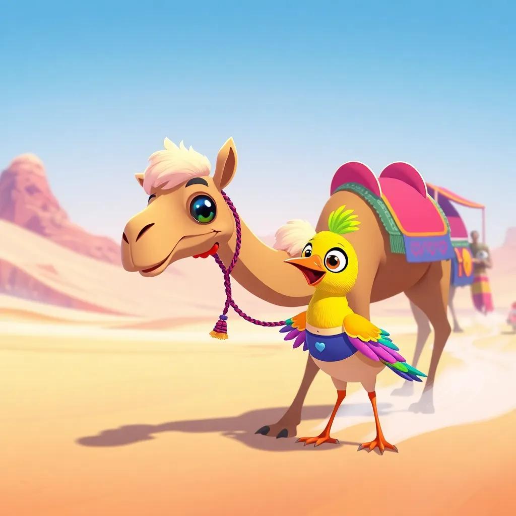 Simsim the camel, helping a little cute bird named Zina, who has colorful feathers, in a desert setting during a race, bright colors, whimsical style, engaging scene, high quality