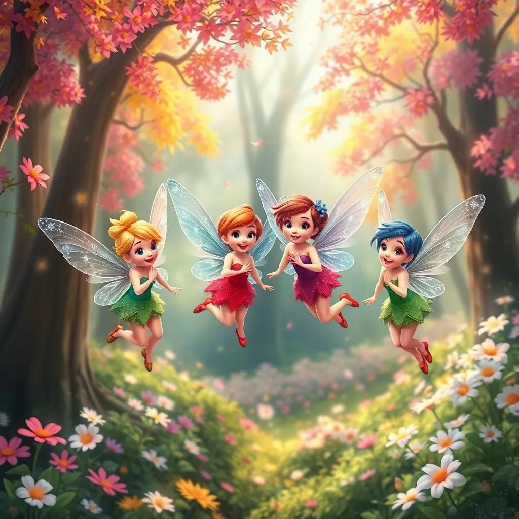 Four colorful fairies flying gracefully in a magical forest, with sparkling wings and joyful smiles, surrounded by blooming flowers and vibrant trees, digital art, cheerful, fantasy atmosphere, high quality