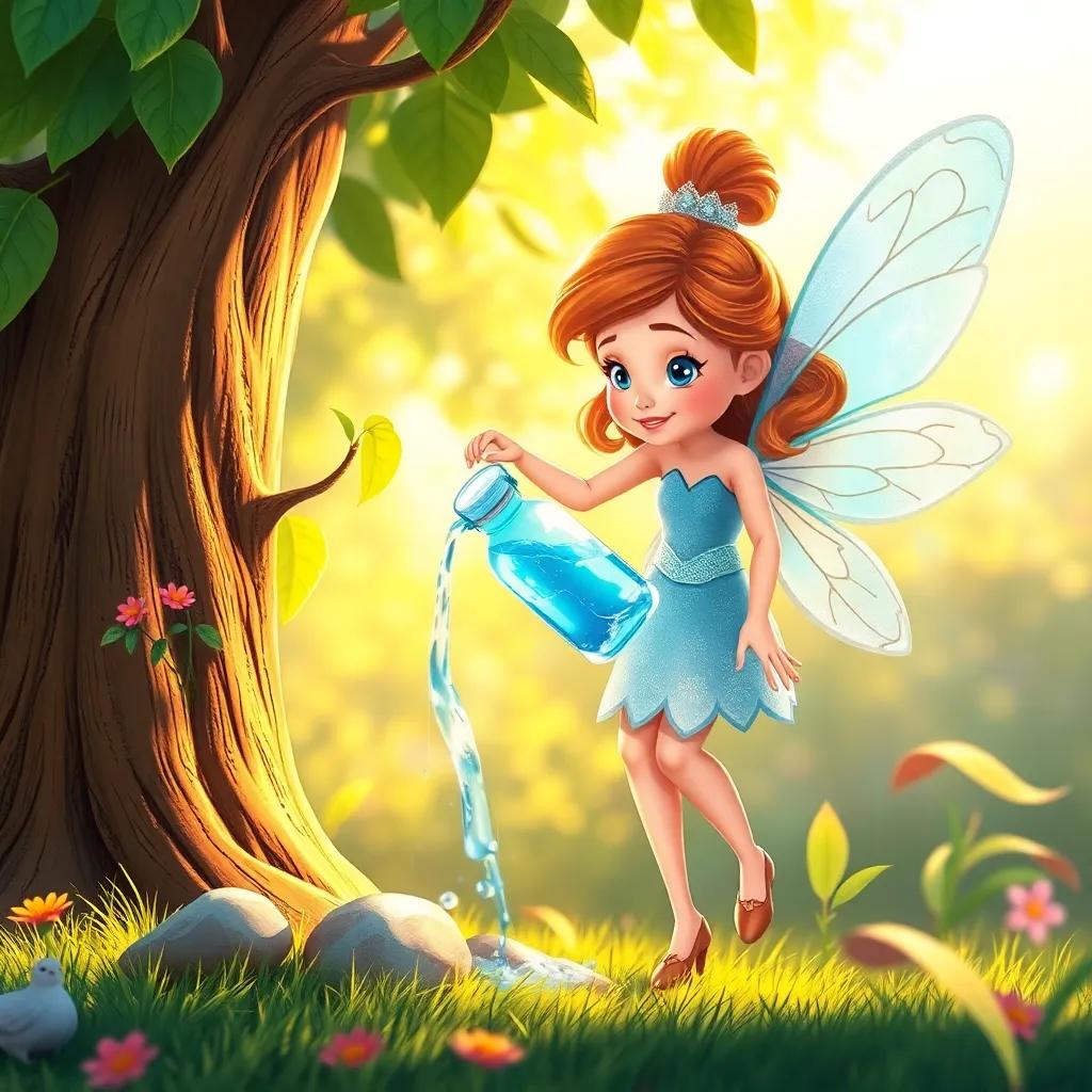 A fairy named Layla with shimmering wings, watering a thirsty tree with water from a magical bottle, in a warm sunlight, creating a refreshing scene, illustration, bright colors, enchanting nature
