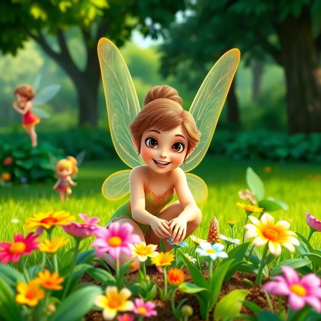 A fairy named Sara planting colorful flowers in a park, with happiness in her eyes, while other fairies cheer her on, in a lush green landscape, detailed artwork, joyful and vibrant