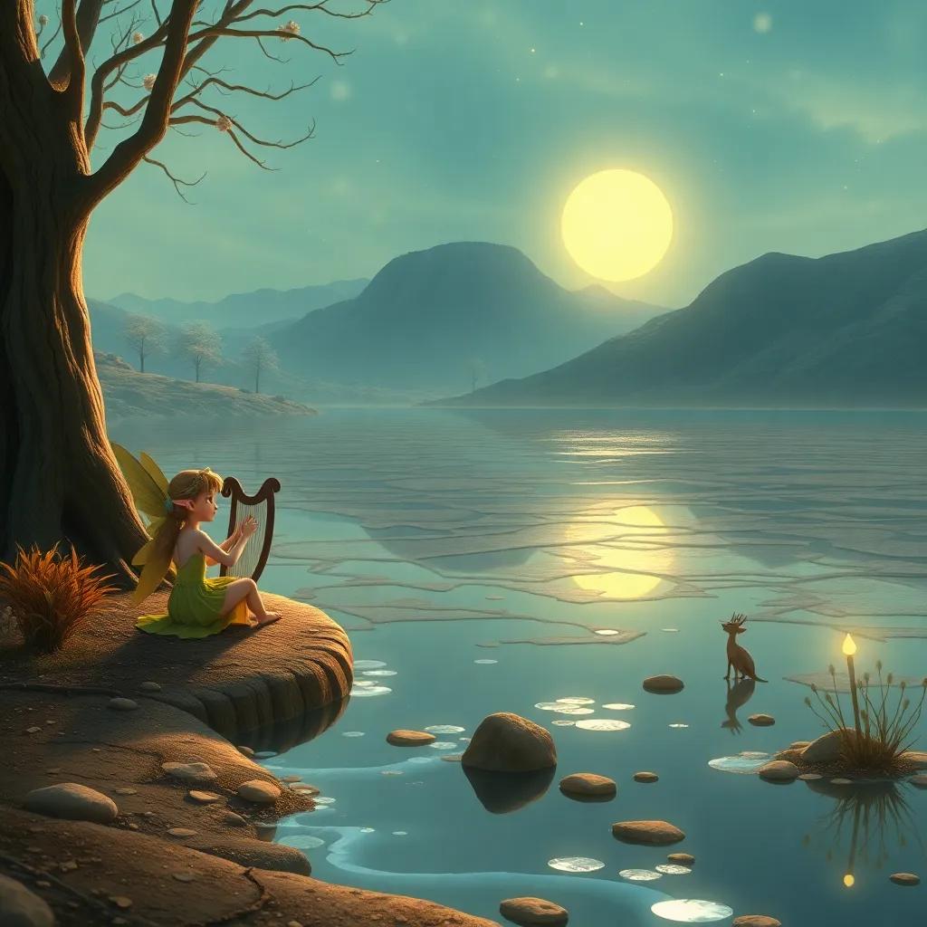Fairies playing music by a dry lake, with one fairy sitting on the edge playing a harp, other fairies singing to bring water back to the lake, nostalgic atmosphere, magical moment