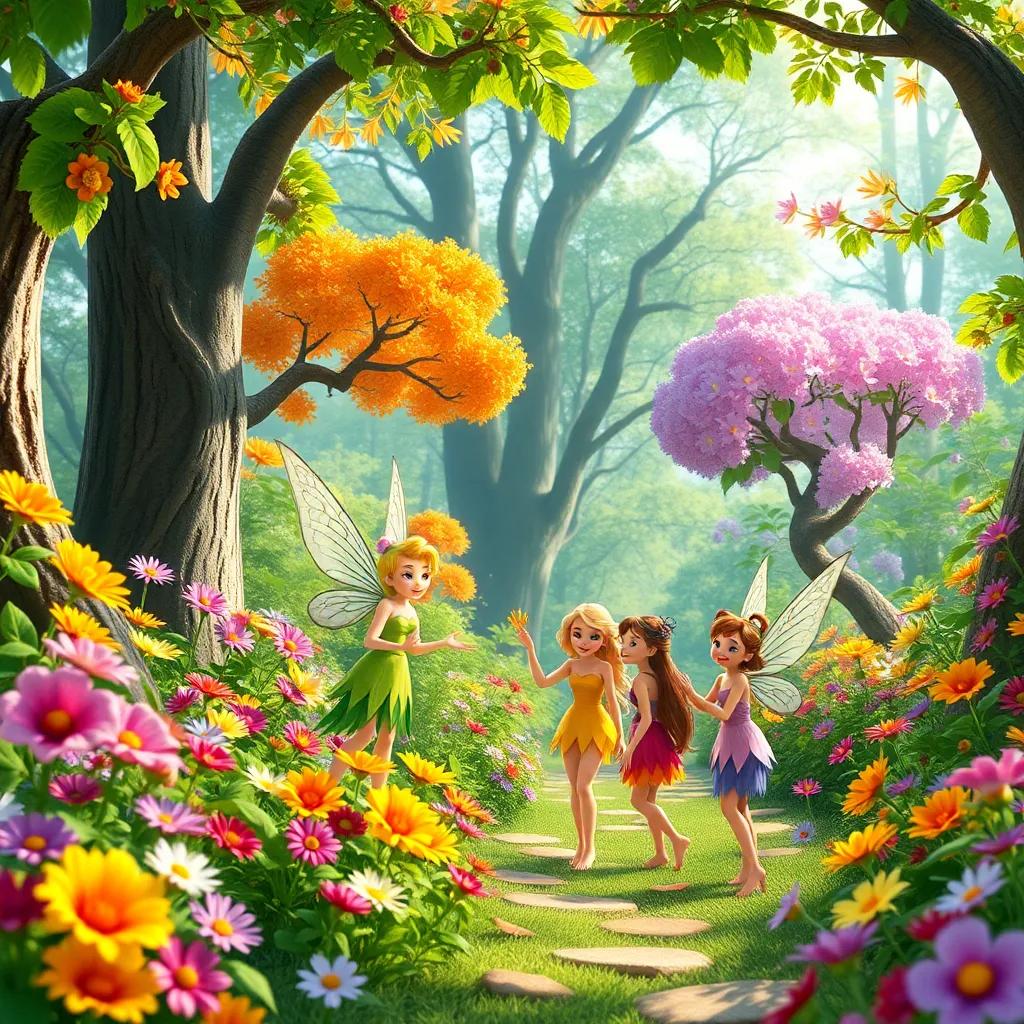 Celebration of fairies in a beautifully restored forest, with colorful flowers and healthy trees, a festive gathering with joy and laughter, bright and cheerful colors, uplifting scene.
