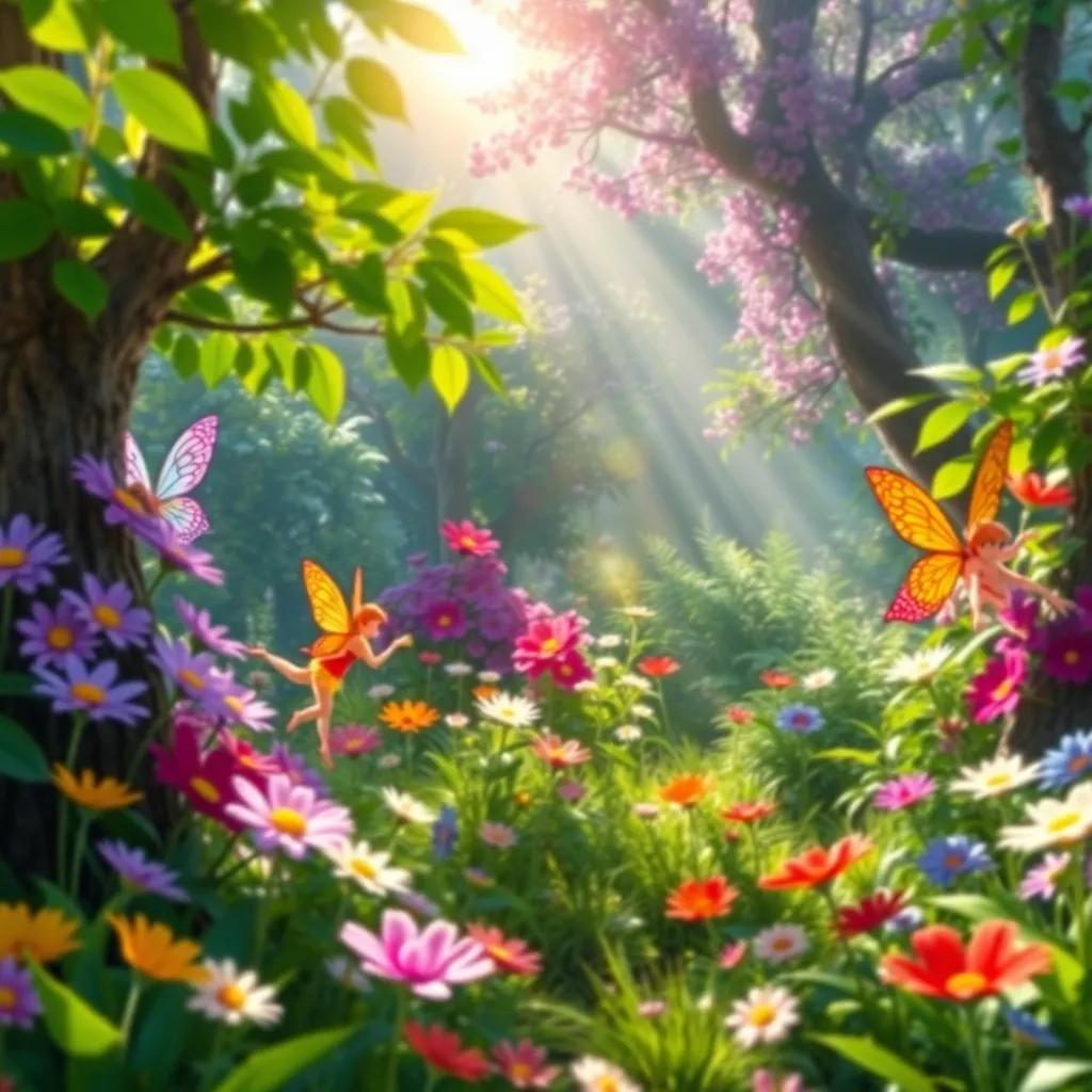 A beautiful enchanted forest with colorful fairies, vibrant flowers, and sunrays peeking through leaves, magical atmosphere, digital art, bright colors, high quality