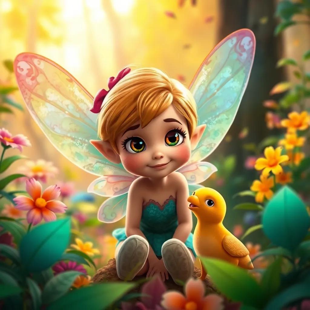 Lucy, a small fairy with colorful wings, gathering her friends in the forest, determination in her eyes, surrounded by vibrant foliage, cheerful scene, digital painting, warm hues, high quality