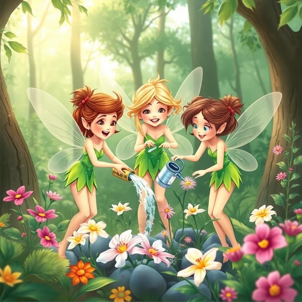 Fairies working together to water wilted flowers and clean the forest, joyful expressions, teamwork spirit, surrounded by trees and plants, illustration, lively colors, high quality