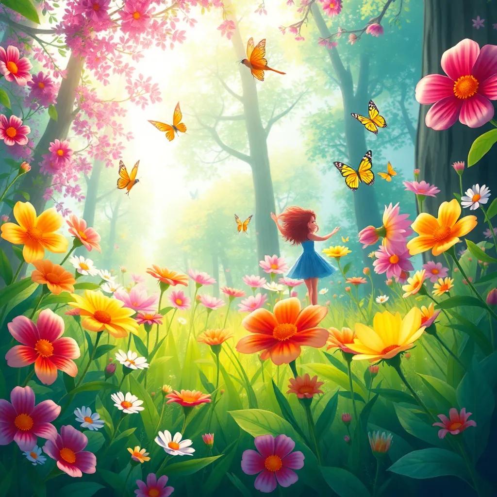 Flowers blooming with bright colors in the forest, fairies dancing around celebrating nature's return, birds flying and butterflies fluttering, joyful atmosphere, illustration, vibrant colors, high quality