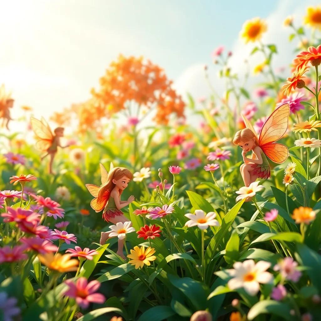 A fairy garden thriving with life, fairies caring for plants and flowers, warm sunlight enhancing the beauty, showing cooperation and love for nature, digital art, colorful, uplifting, high quality