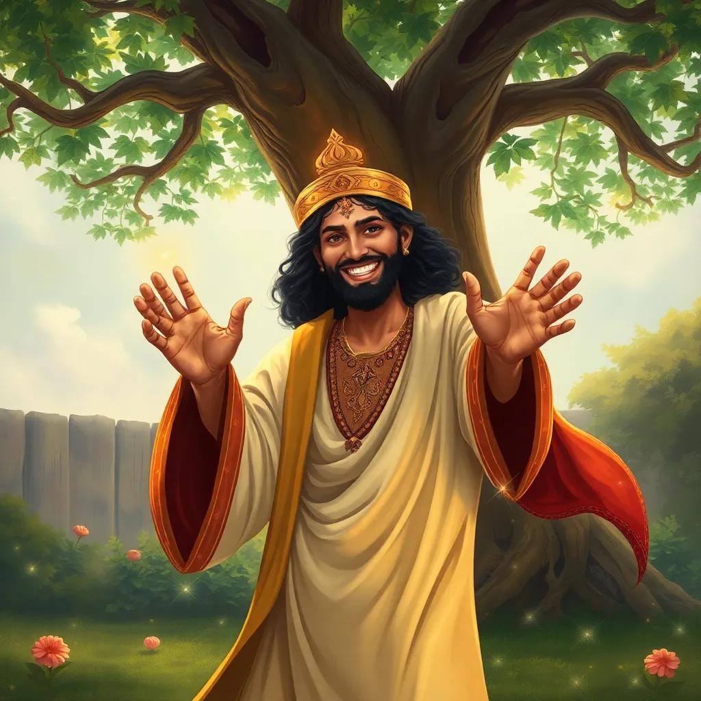 A friendly Muslim Jinn named Salem, floating under a big tree in the garden, with a warm smile, wearing traditional clothing, surrounded by light sparkles, inviting and magical feel, colorful, high quality