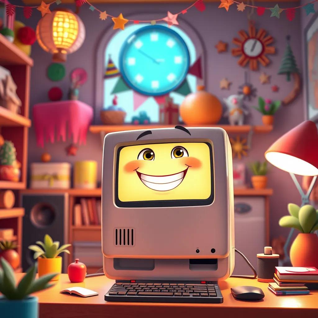 A happy computer, smiling brightly in a cozy room filled with colorful decorations, digital art, vibrant colors, inviting atmosphere, high quality