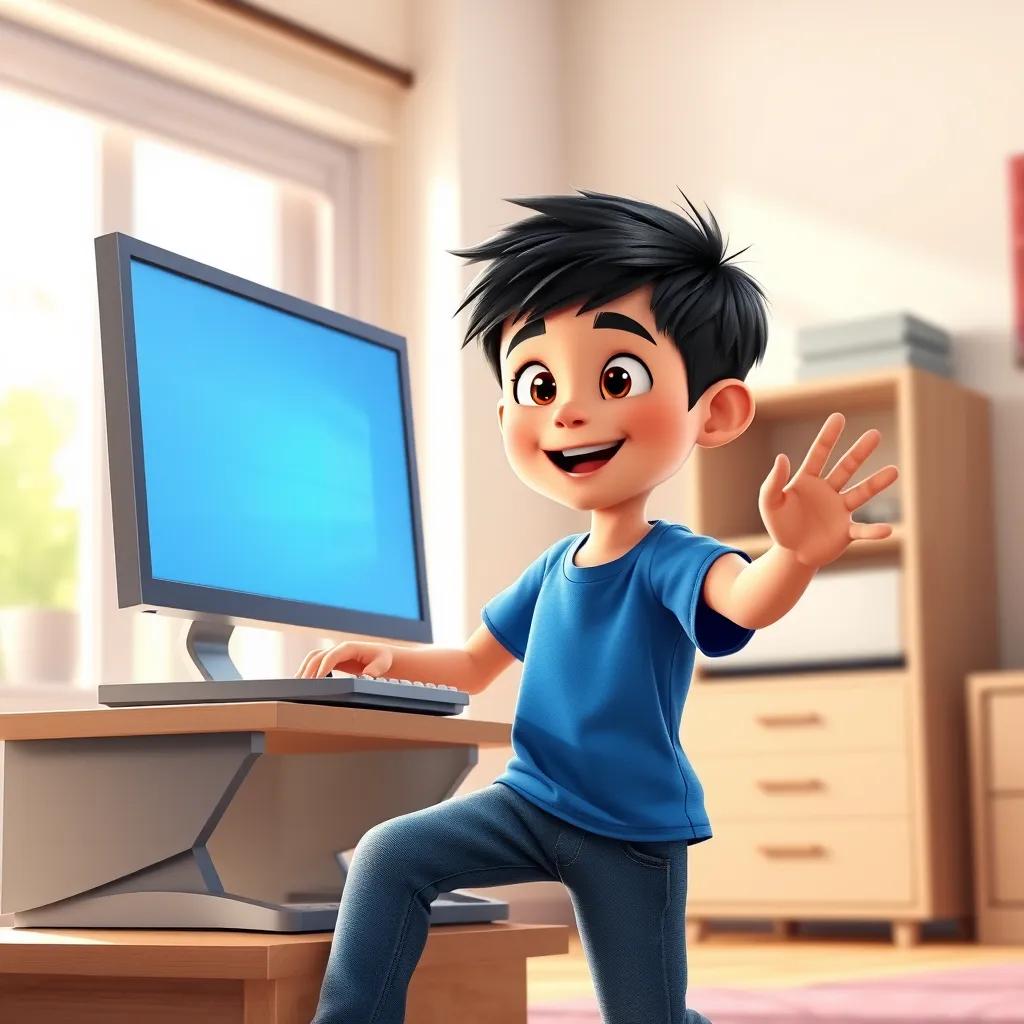 A young boy, Sami, with short black hair, wearing a blue t-shirt and jeans, opening the computer with excitement, bright room with a sunny window, cheerful and playful, high quality