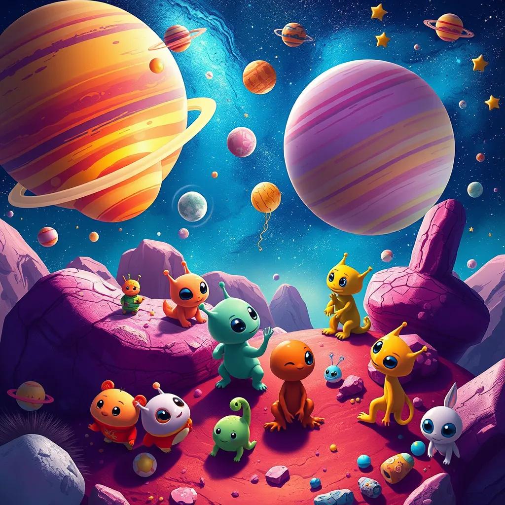 A colorful space scene with planets and stars, filled with various alien creatures playing with Sami, vibrant illustration, bright colors, enchanting experience, high quality