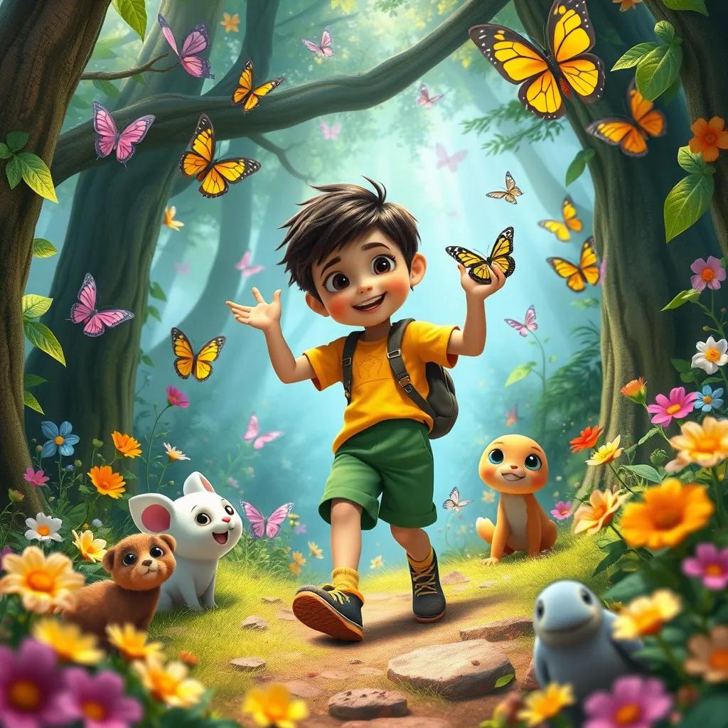 A magical forest with butterflies and flowers, Sami with green shorts and a yellow shirt, exploring with friendly animals, whimsical and detailed, high quality