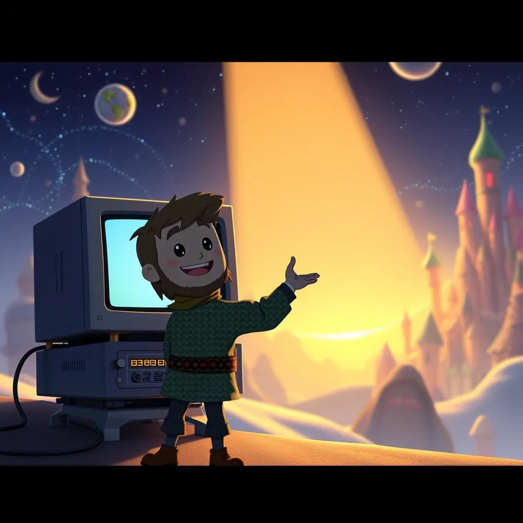 Sami waving goodbye to the happy computer as he leaves the magical worlds behind, warm light, a sense of friendship and adventure, heartwarming scene, high quality