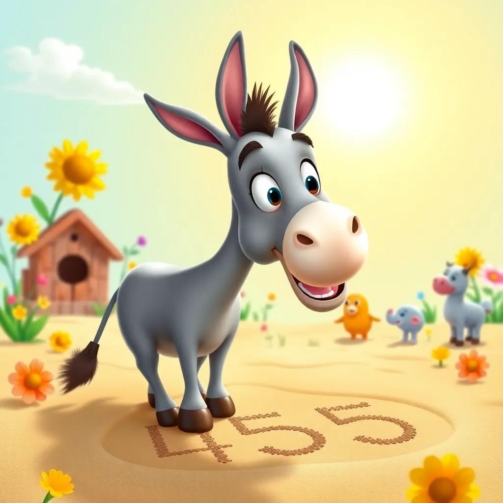 A smart donkey named Hassan, with a friendly smile, drawing numbers in the sand with his hoof under the bright sun, surrounded by colorful flowers and friends, cheerful, fun atmosphere, digital art, vibrant colors, child-friendly approach