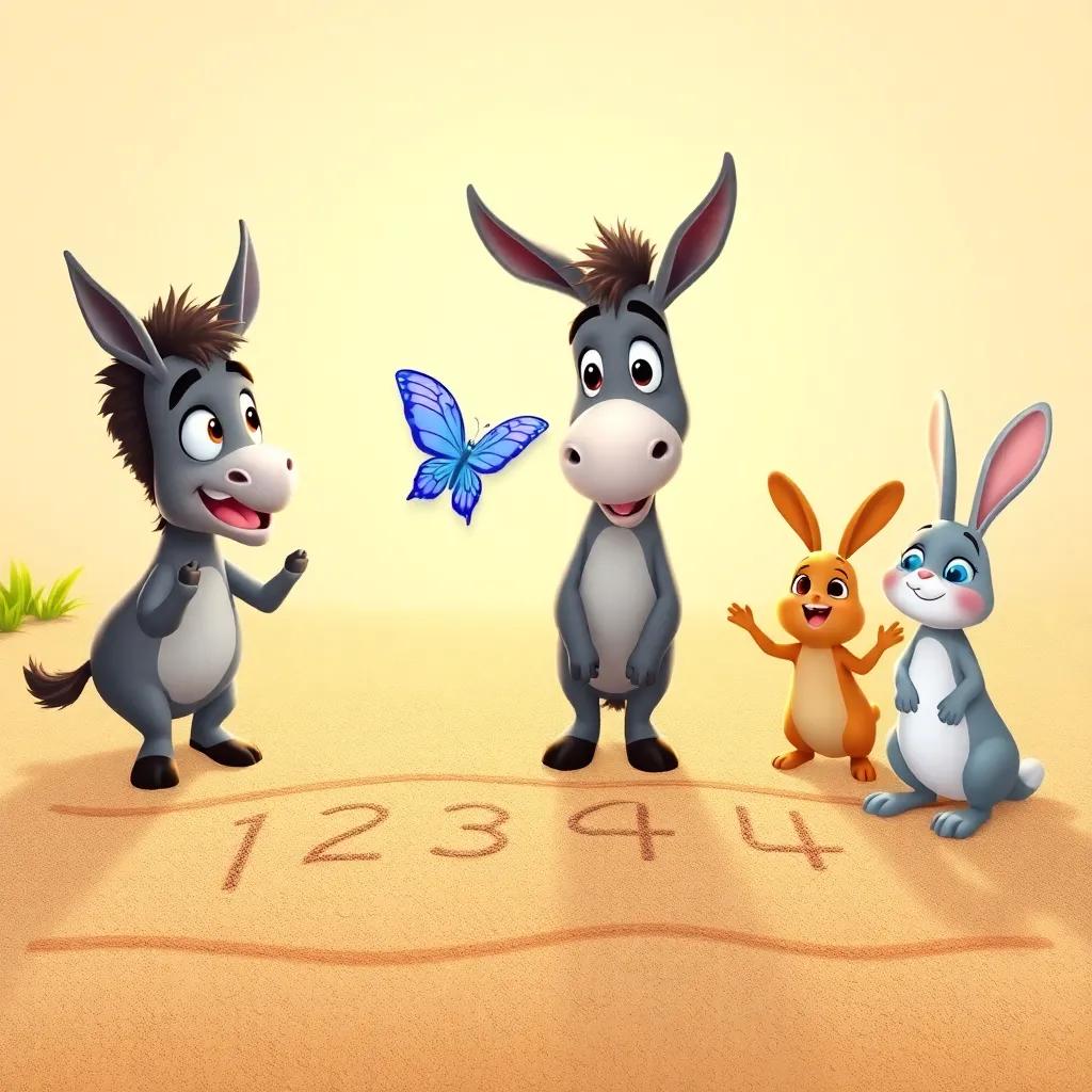 Hassan the donkey, showing friends how to divide on a number line, with numbers drawn in sand, all characters are excited, friendly butterfly and curious rabbit join, joyful scene, warm sunlight, illustration, educational, engaging