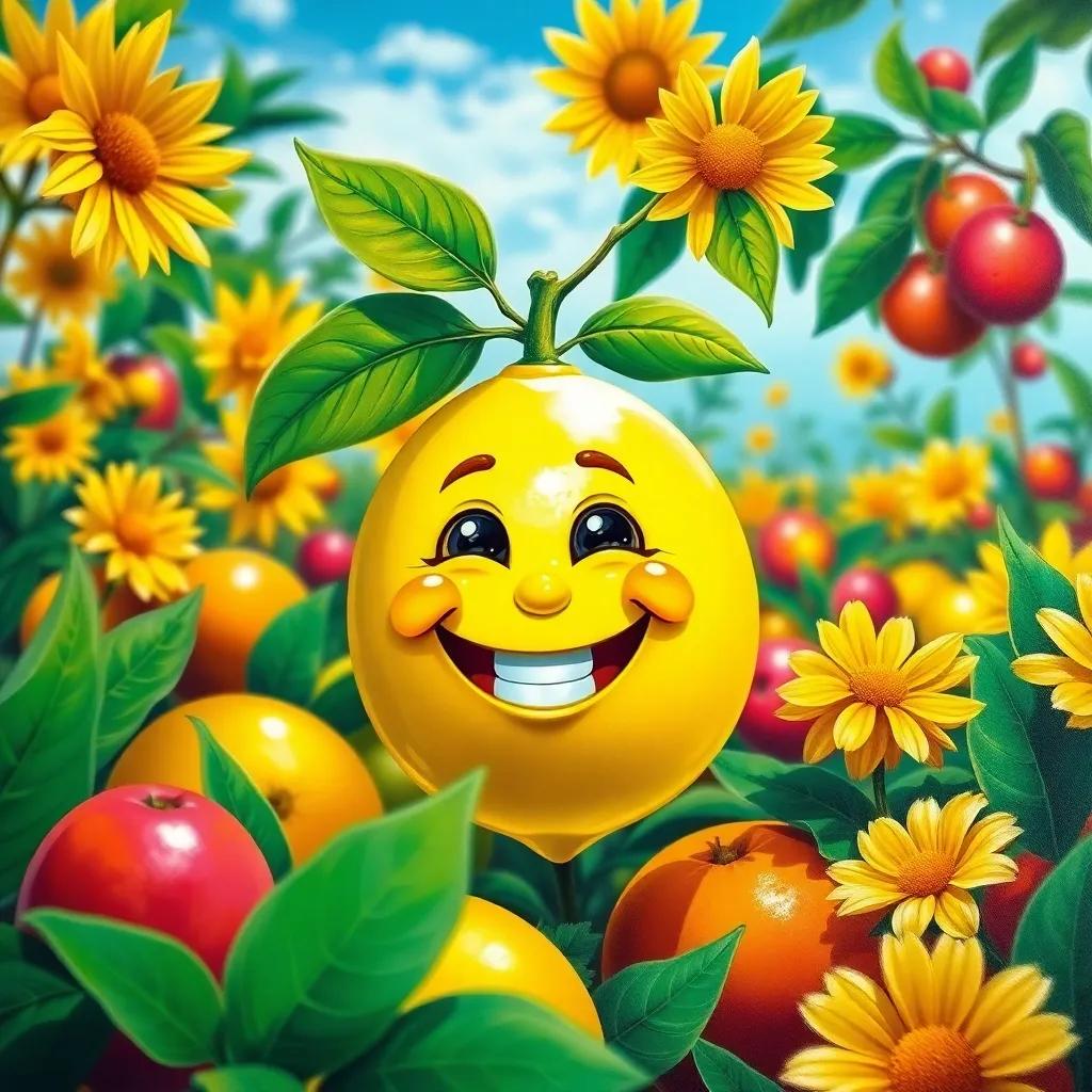 A cheerful lemon named مندلينا, bright yellow, with a big smile in a sunny garden full of colorful fruits, vibrant colors, playful atmosphere, high quality