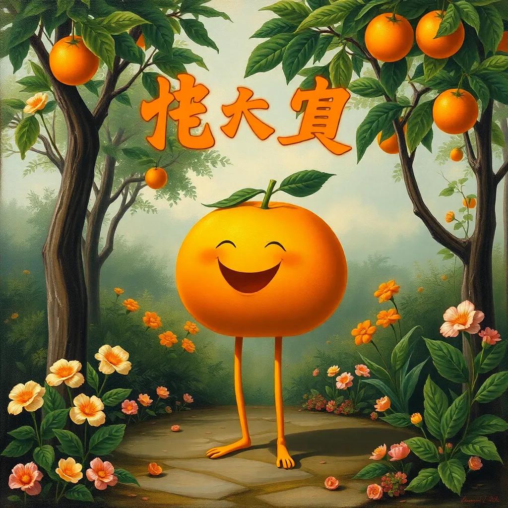 A proud orange named برتقال, round and bright orange, standing in a garden with trees and flowers, depicting joy, detailed, cheerful scenery, high quality