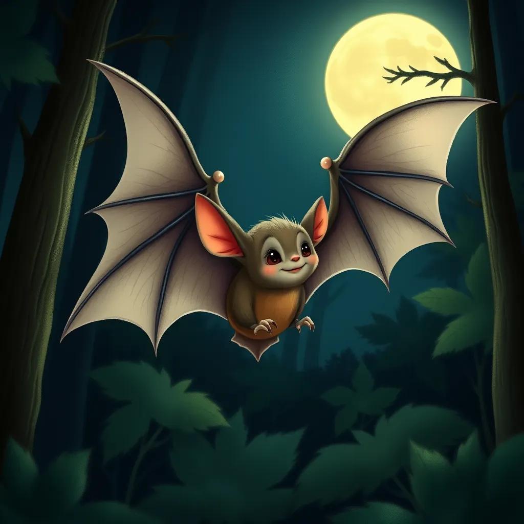 A small bat, Marwan, with large wings and sharp claws, flying in a dark forest under a moonlit sky, detailed digital art, soft glowing light, deep greens and blues, high quality