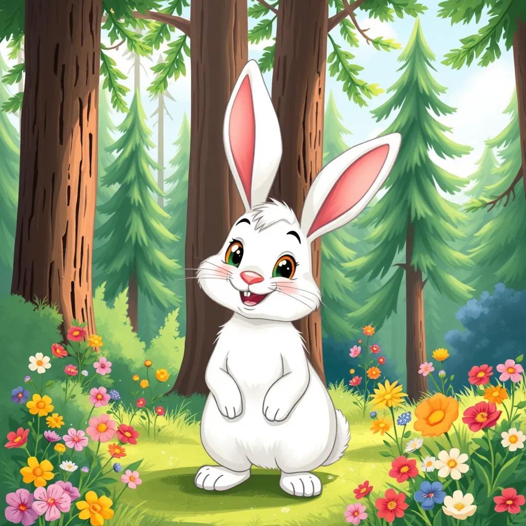 A happy rabbit, Arnoub, with fluffy white fur, smiling while standing in a beautiful forest, surrounded by tall trees and colorful flowers, child-friendly illustration, bright colors, cheerful expression, high quality
