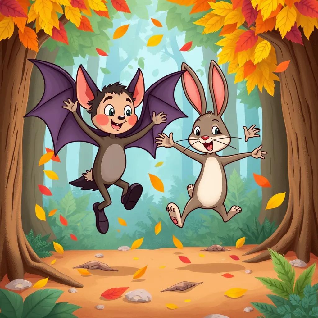 Marwan the bat and Arnoub the rabbit playing together in the forest, jumping and running in a fun game, colorful leaves falling around them, vibrant illustration, joyful atmosphere, high quality