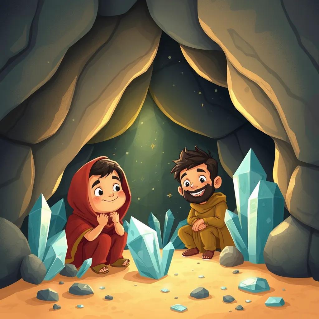 Marwan and Arnoub hiding in a beautiful cave filled with sparkling crystals, light reflecting off the walls, cozy and inviting, fantasy scene, warm colors, child-friendly, high quality