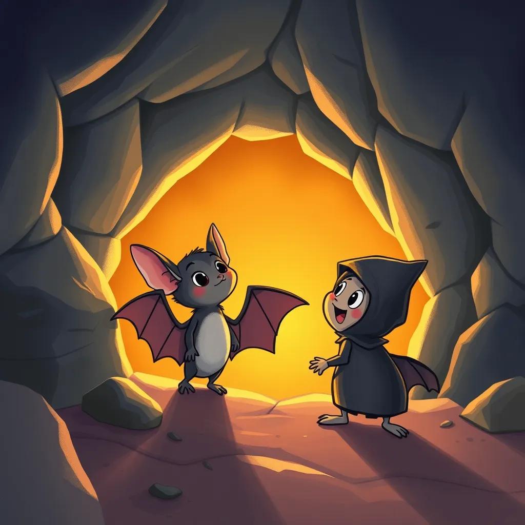 Marwan, the small bat, looking curiously at the cave entrance with Arnoub beside him, both excited about their adventure, warm inviting light from the cave, magical ambiance, high quality