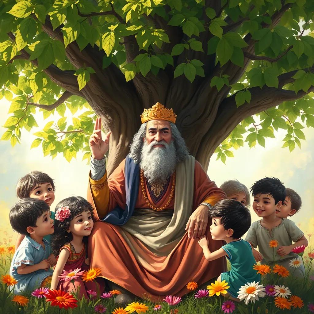 A wise man, الخليل بن أحمد الفراهيدي, sitting under a large tree with green leaves, surrounded by curious children, colorful flowers around, joyful atmosphere, digital art, bright colors, cheerful light, portrait, high detail