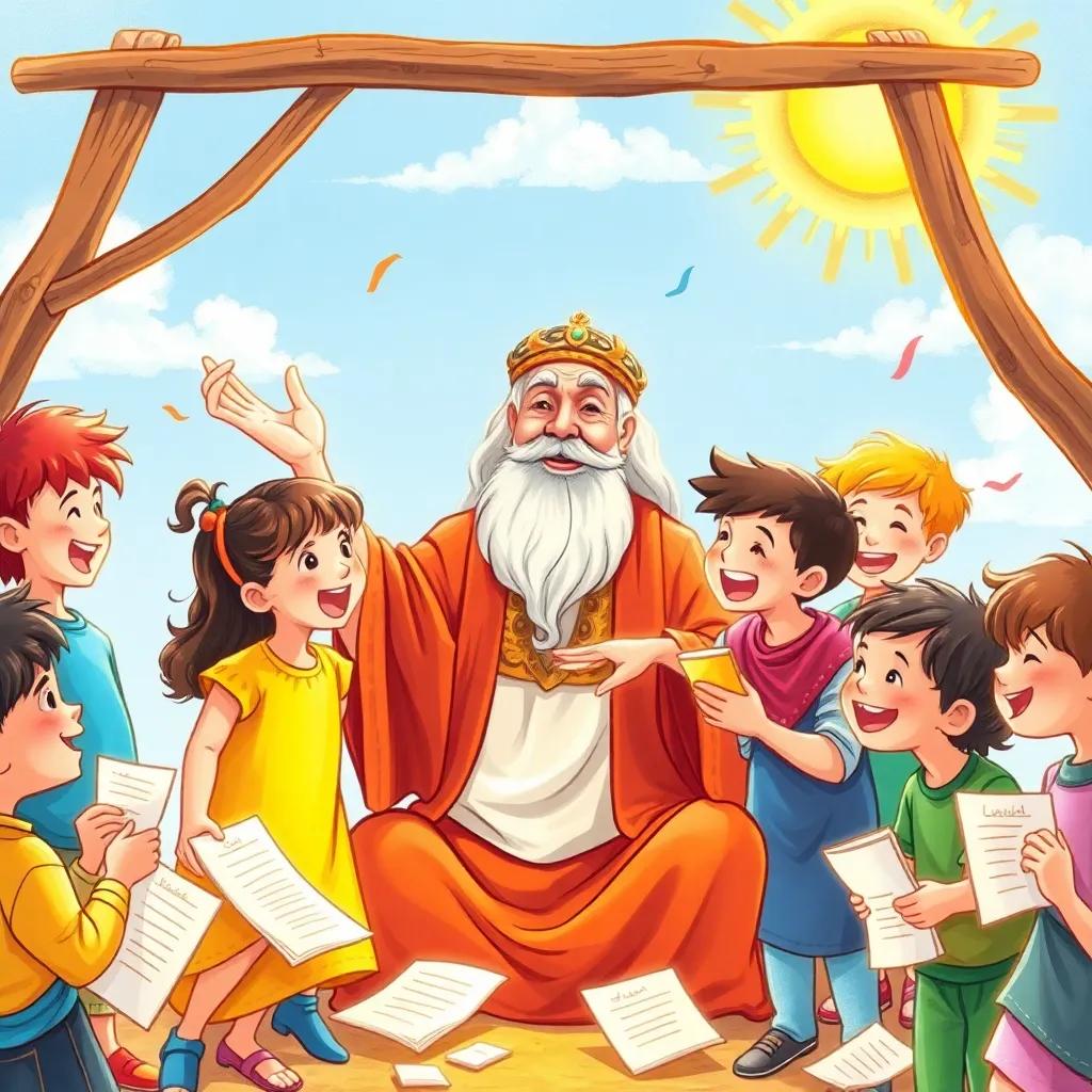 A wise man, الخليل بن أحمد الفراهيدي, teaching children with smiles, a sunny day, children laughing excitedly, written papers scattered around, playful energy, illustration, vivid colors, friendly scene, storybook style