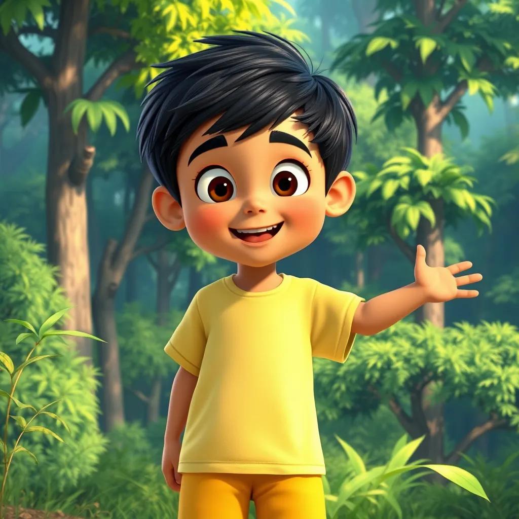 A young Arab boy, Sami, with short black hair wearing a bright t-shirt and shorts, standing at the edge of a lush green forest, excited and curious, digital art, vibrant colors, cheerful atmosphere, high quality