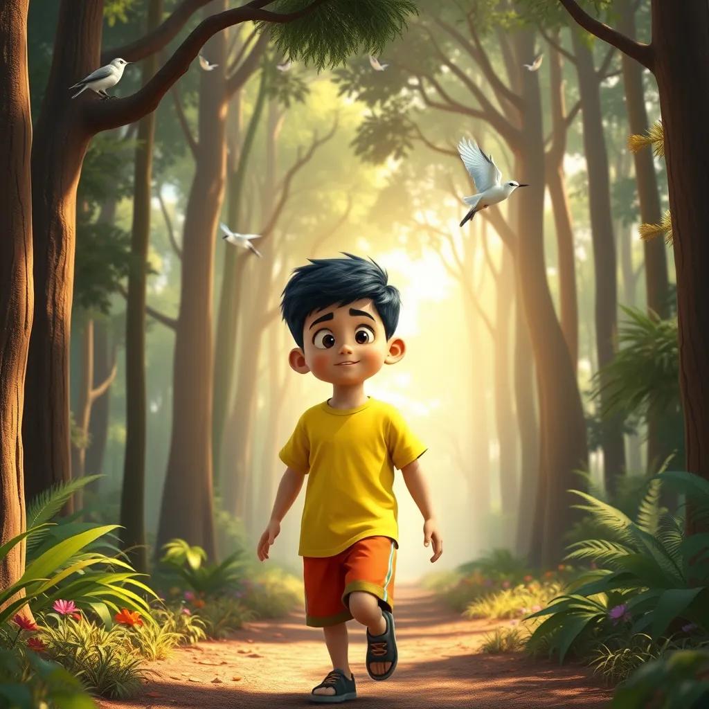A young Arab boy, Sami, with short black hair wearing a bright t-shirt and shorts, walking through a beautiful forest filled with tall trees and singing birds, exploration theme, colorful, inviting light, high quality