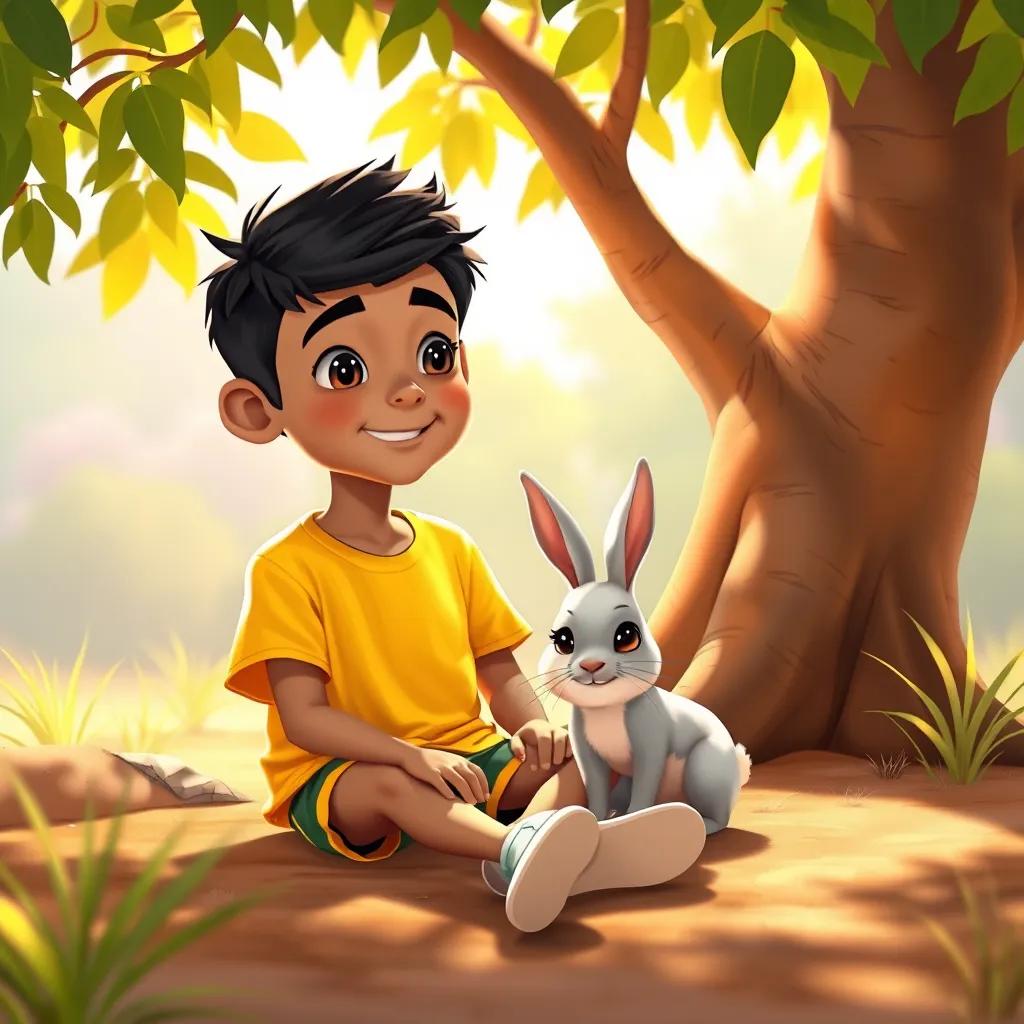 A young Arab boy, Sami, with short black hair wearing a bright t-shirt and shorts, sitting with a small rabbit named Lolo in a sunny spot under a tree, friendship theme, warm light, joyful vibe, high quality