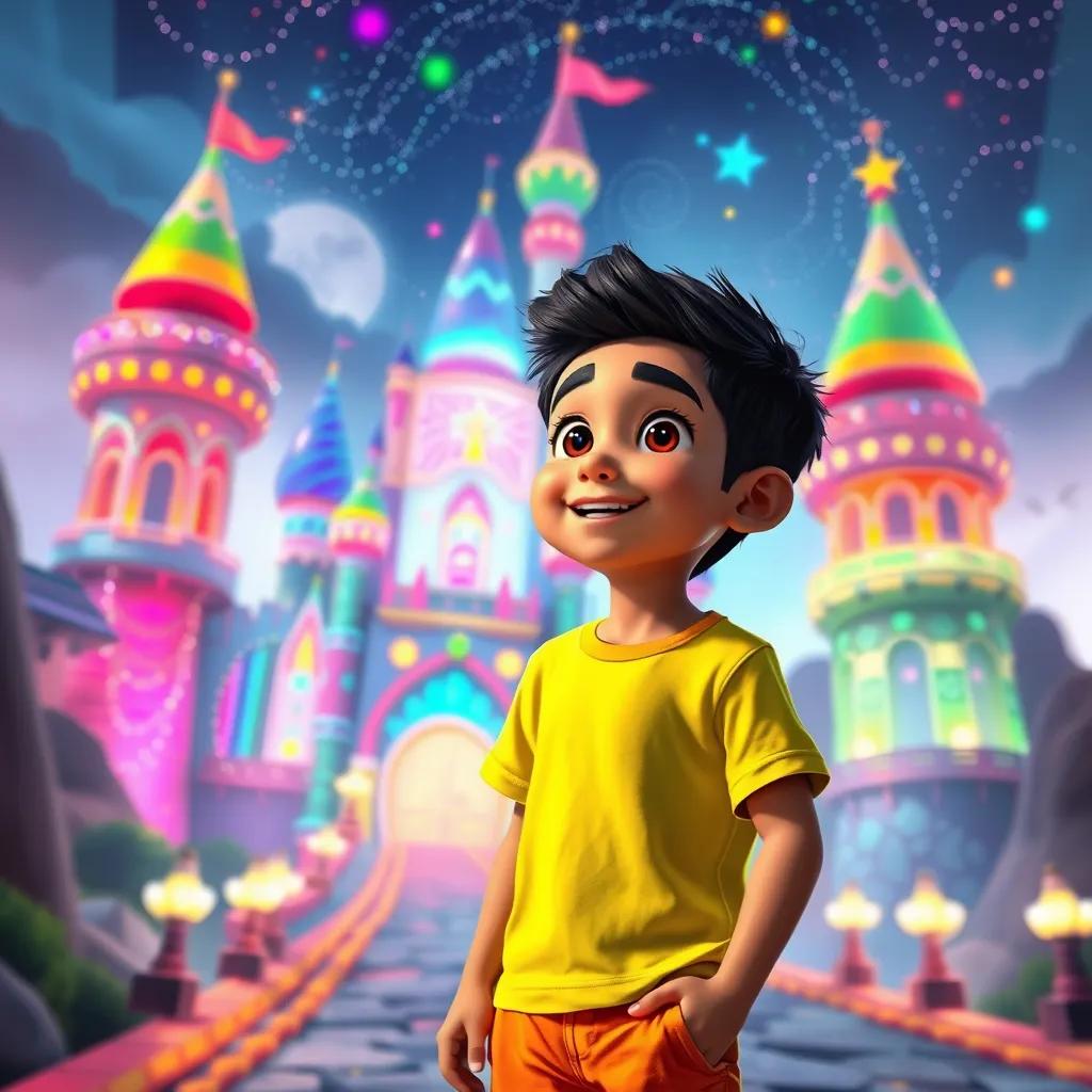 A young Arab boy, Sami, with short black hair wearing a bright t-shirt and shorts, arriving at a castle filled with vibrant colors and sparkling lights, amazed expression, fantasy scene, bright colors, high quality