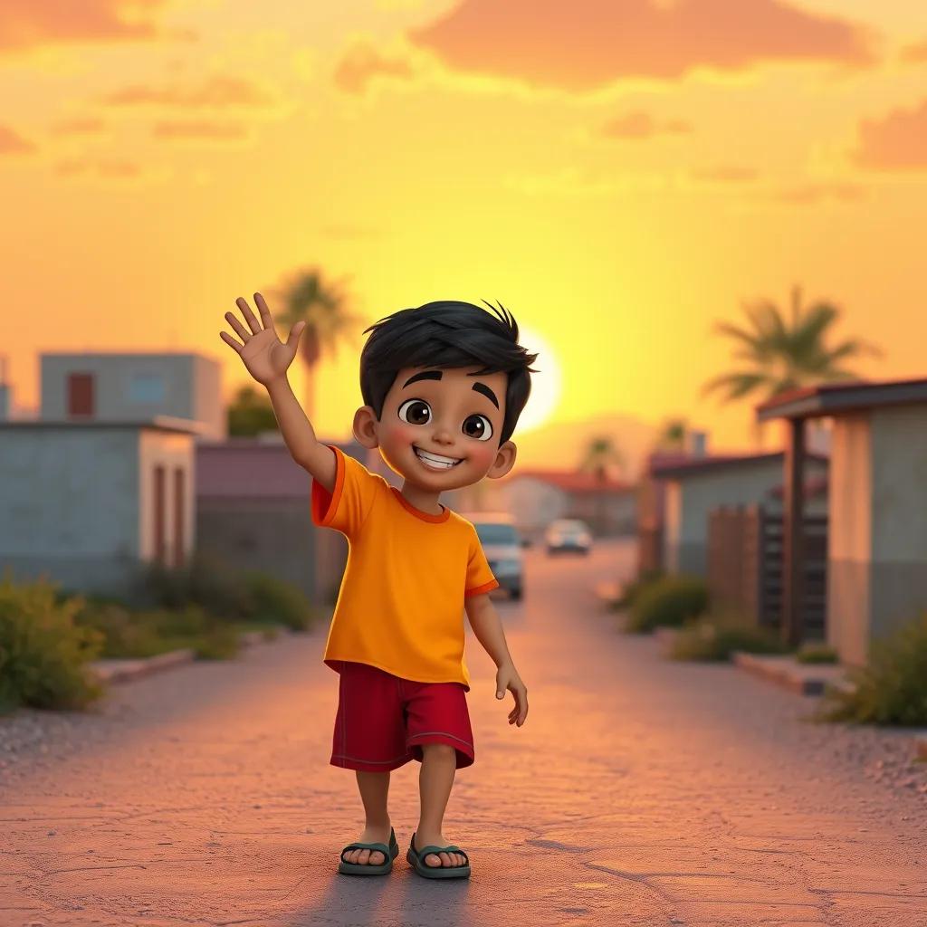 A young Arab boy, Sami, with short black hair wearing a bright t-shirt and shorts, waving goodbye to Lolo as he returns home at sunset, happy and satisfied, warm colors, heartwarming scene, high quality