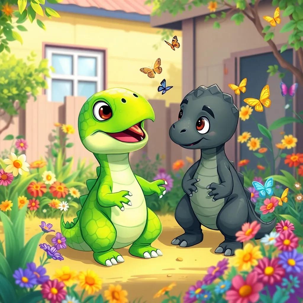 A small dinosaur, Abham, with bright green scales and big round eyes, excitedly talking to his brother Luqman, who has darker green scales, in a sunny backyard filled with colorful flowers and butterflies, cheerful atmosphere, digital art, vibrant colors, inviting scene, high quality