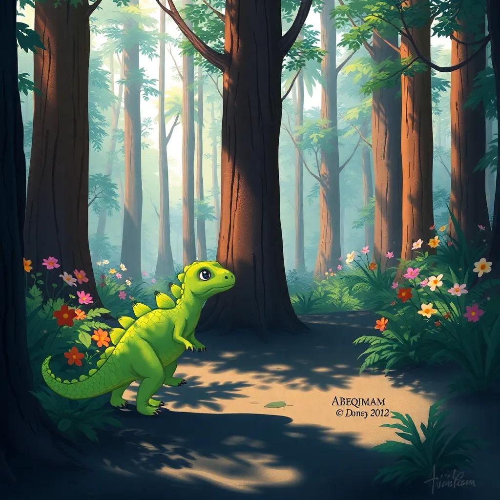 Abham the small dinosaur, with bright green scales, and Luqman, with darker green scales, looking lost in a dense, mysterious forest filled with tall trees and colorful flowers, shadows playing on the ground, digital art, detailed and colorful, sense of adventure and wonder, high quality