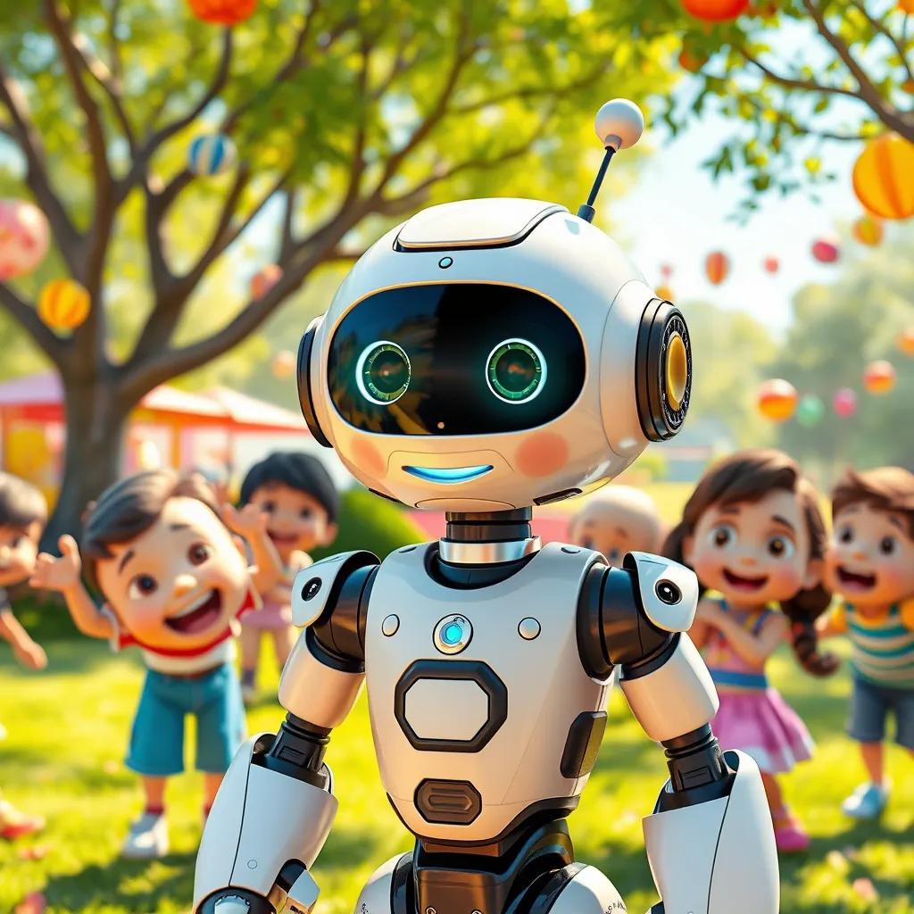 A smart robot named Issa, in a colorful park, surrounded by excited children, digital art, vibrant colors, friendly atmosphere, high quality