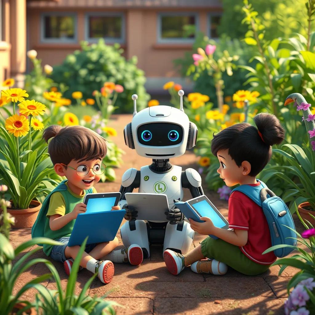 Children sitting in a school garden, with tablets and laptops, exploring technology with Issa the robot, cheerful, informative, high quality
