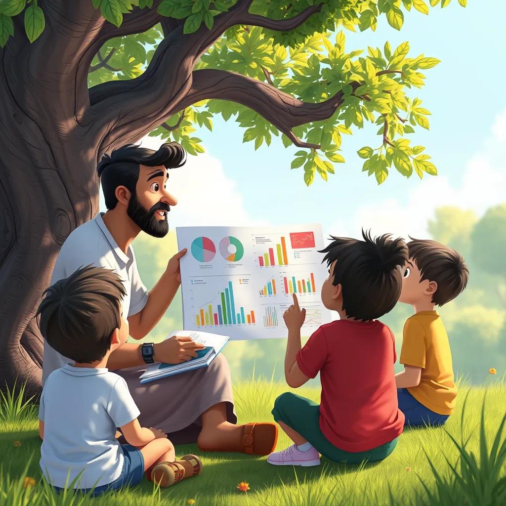 Issa explaining artificial intelligence to the children, using colorful charts and visuals, under a tree, engaging and educational, high quality