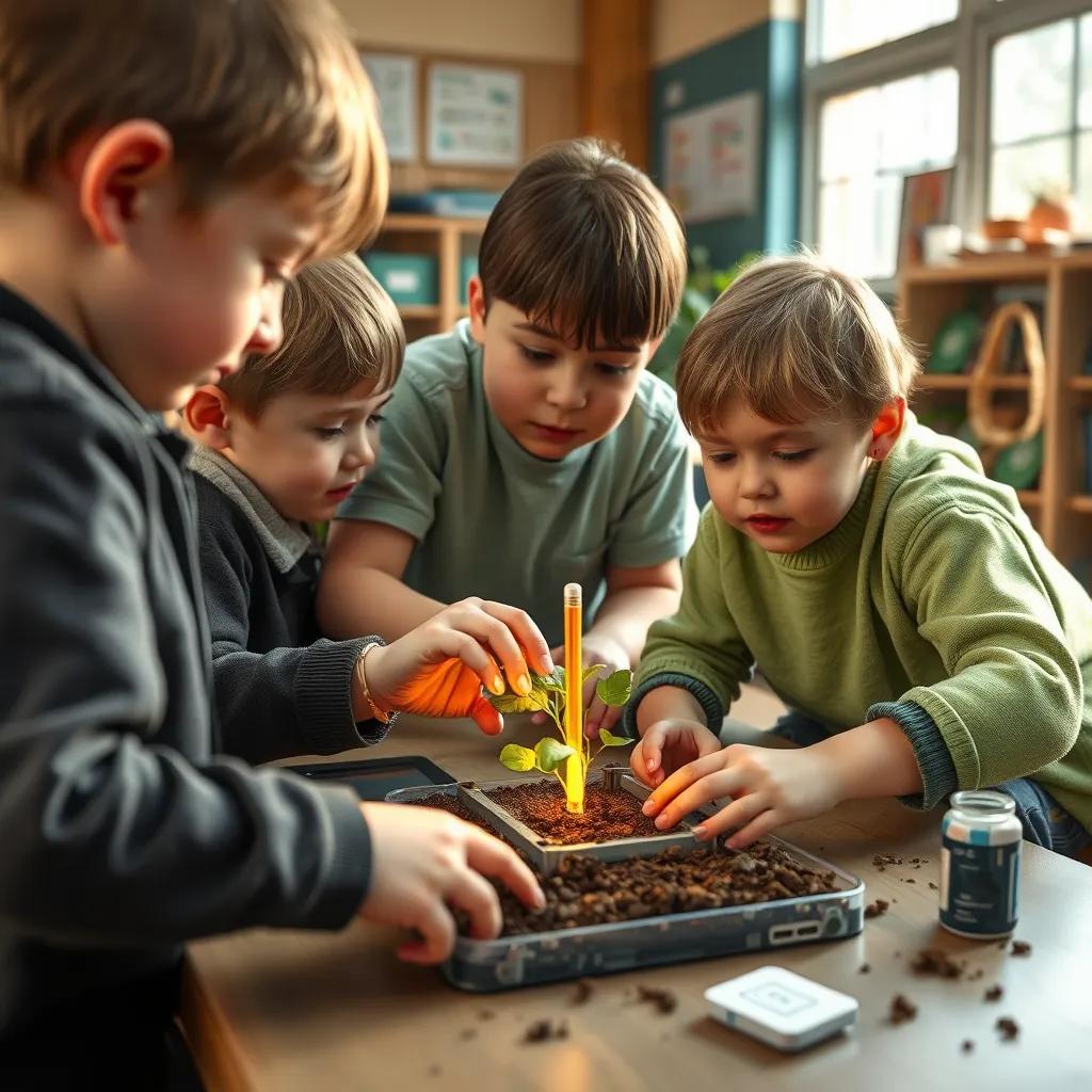 Children working with Issa, building a small device for monitoring soil temperature, in a school environment, collaborative and fun, high quality
