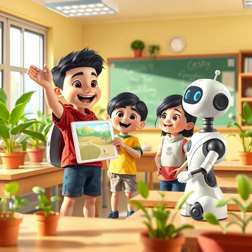 Children proudly presenting their project to the class, with Issa the robot beside them, bright classroom full of plants and technology, joyful and inspiring, high quality