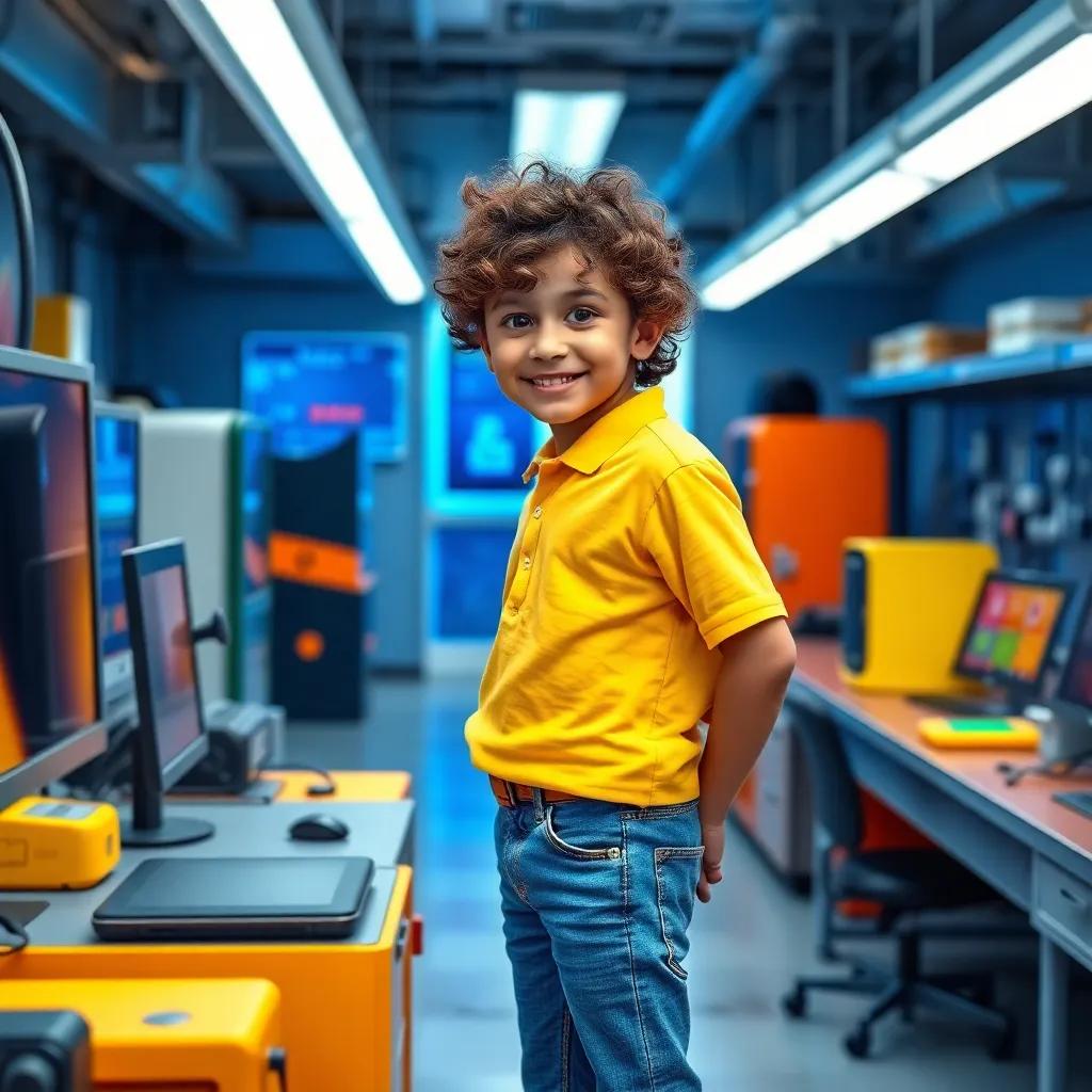 A young Arab boy, Rami, with curly hair, wearing a bright yellow shirt and blue jeans, looking curious while standing at the entrance of a technology lab with colorful gadgets around, cheerful mood, digital art, vibrant colors, inviting atmosphere, high quality