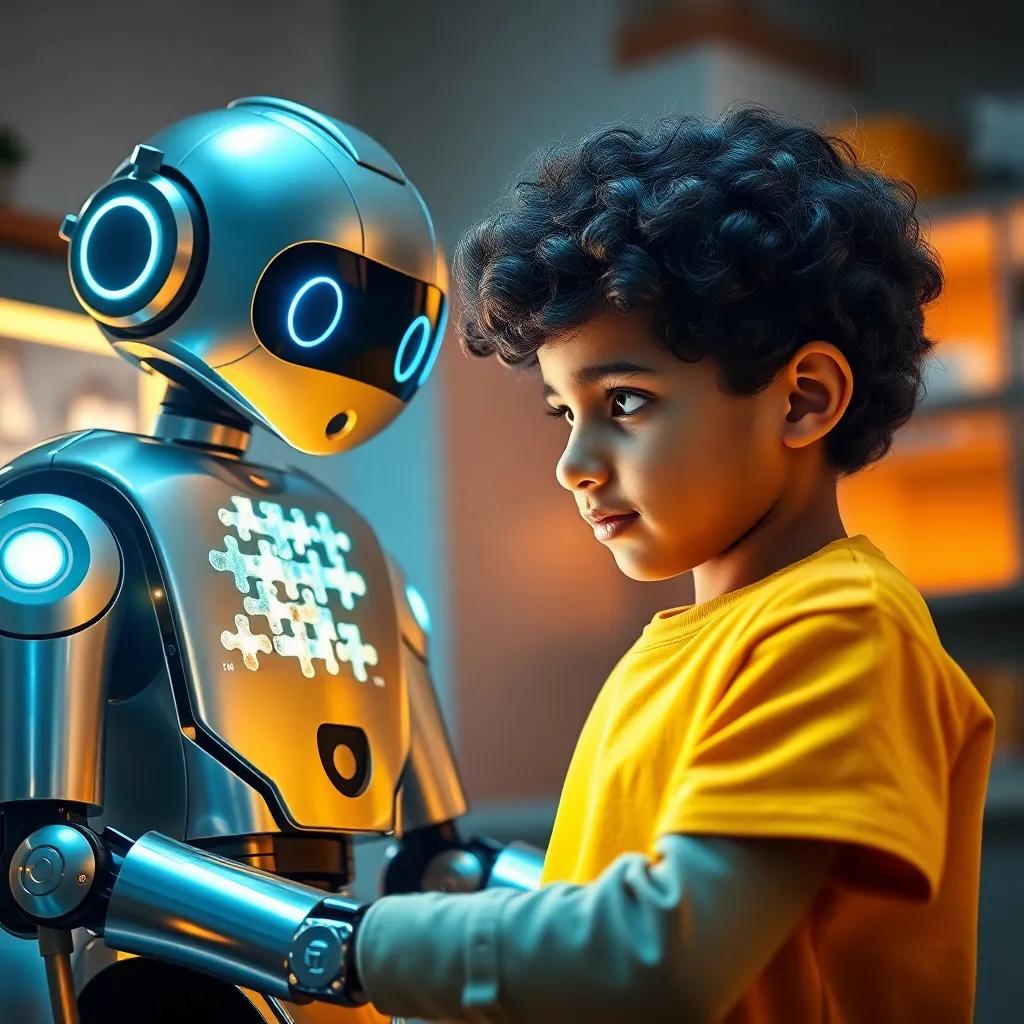 A friendly robot, Alpha, with bright blue lights and a shiny metallic body, showing Rami, a young Arab boy with curly hair in a yellow shirt, a complex puzzle on a glowing screen inside the lab, child-friendly, bright lighting, warm and engaging, high quality