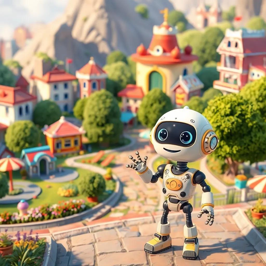 A small city with a colorful park and a friendly robot named Zakaria, in the foreground, exploring and looking excited, digital art, vibrant colors, cheerful atmosphere, high quality