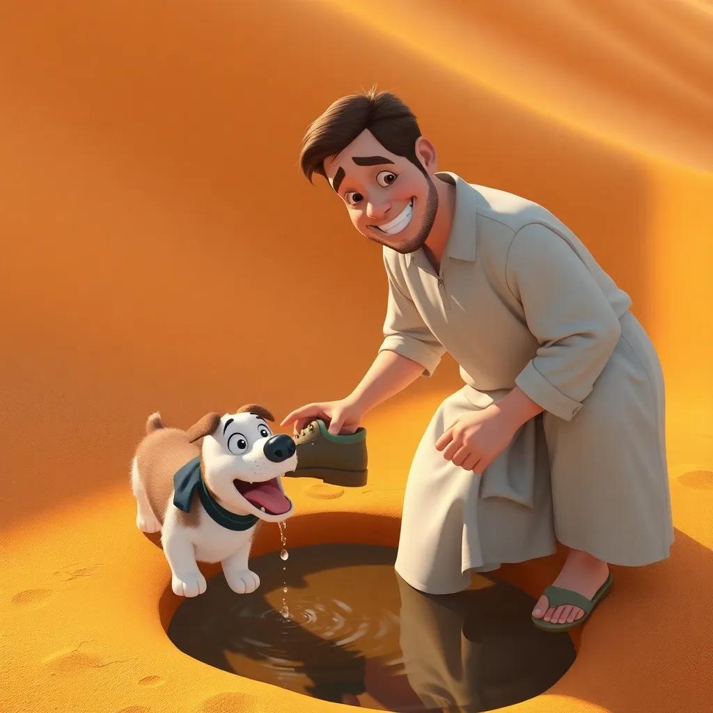 A kind man, looking happy, filling his shoe with water from a well, next to a happy dog drinking from it, surrounded by golden sand dunes, soft warm light, cheerful, high-quality.