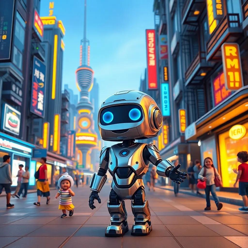 A futuristic city with robots, Rami the smart robot with shiny metallic skin, roaming the streets greeting children with excitement, digital art, vibrant colors, joyful atmosphere, high quality