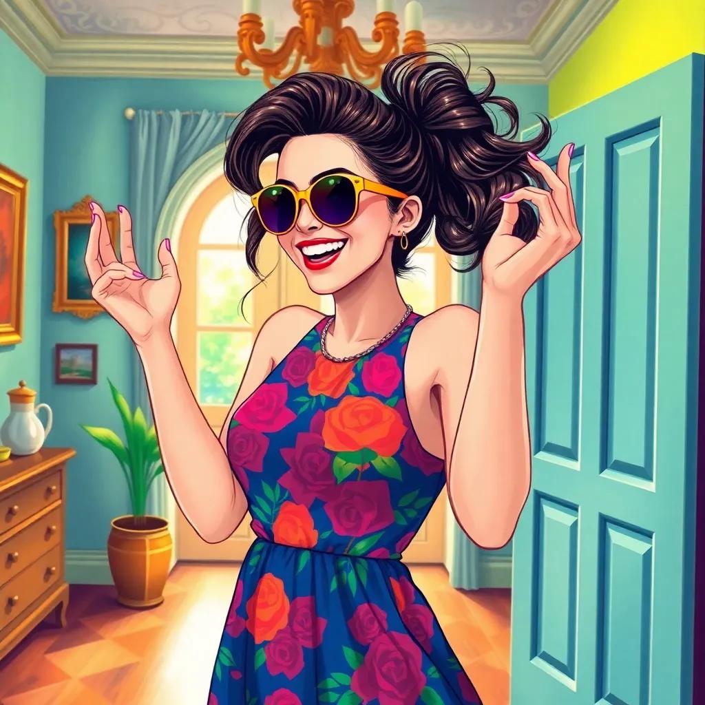 A woman with bright nails and styled hair, wearing a colorful dress and sunglasses inside the house, smiling and dancing happily, illustration, cheerful, joyful atmosphere, vibrant colors, high quality